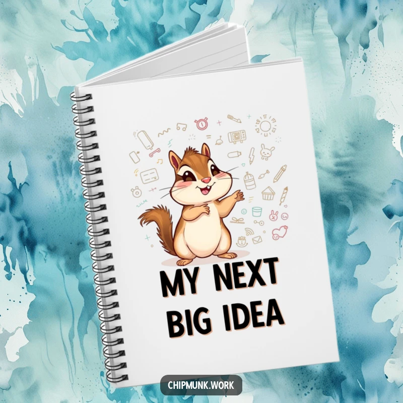 Funny chipmunk notebook, an excited critter pointing at a whiteboard covered in playful doodles.