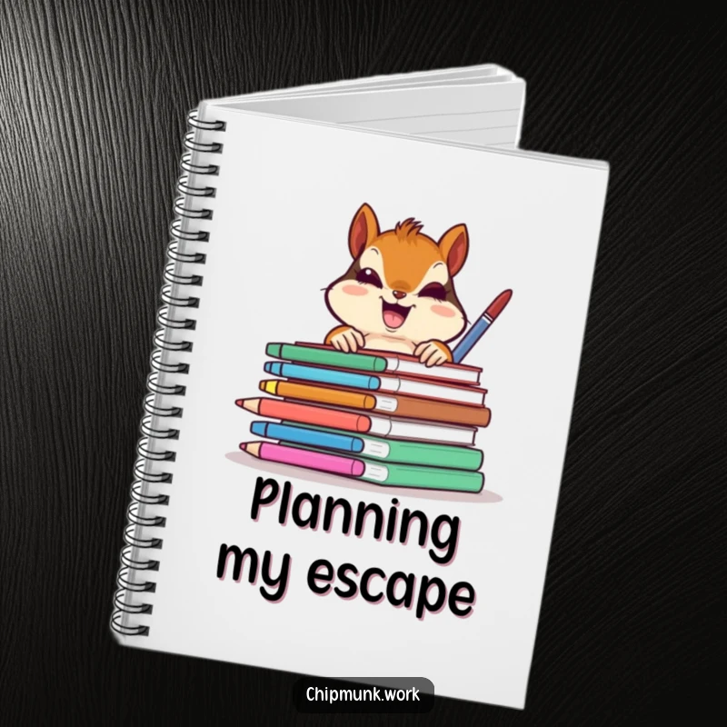 Funny chipmunk gleefully peeking from behind colorful office supplies, a humorous notebook for capturing ideas, a funny gift.