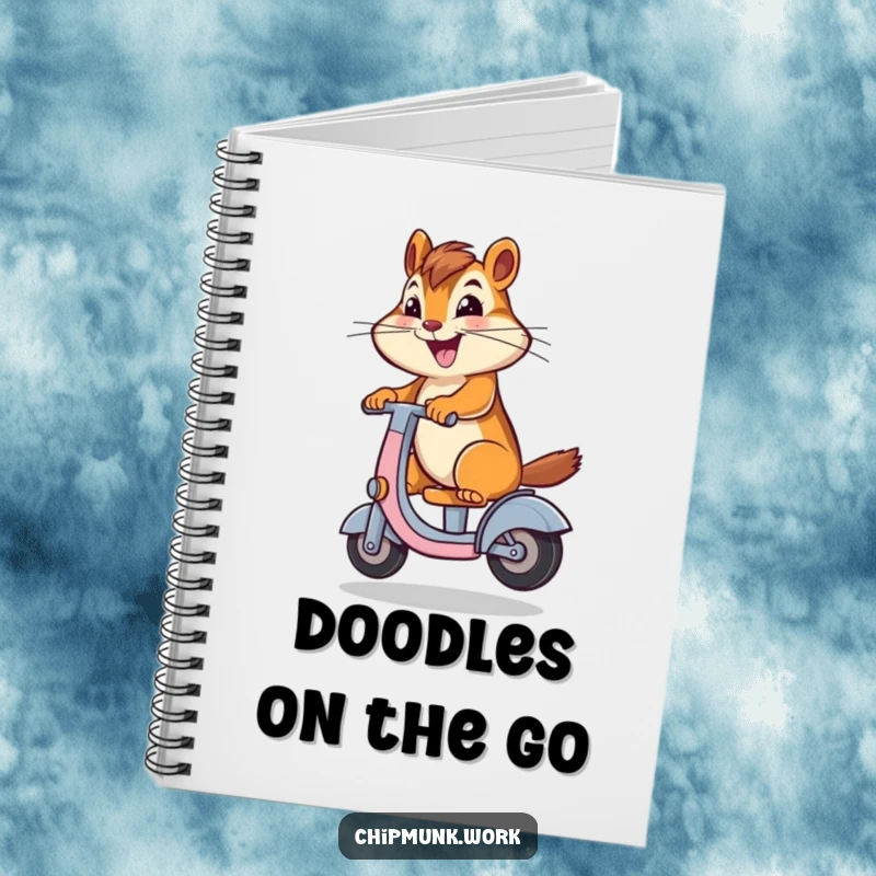 Funny chipmunk riding a desk chair scooter in a notebook, inspiring creative writing and humor, ideal for students and professionals.