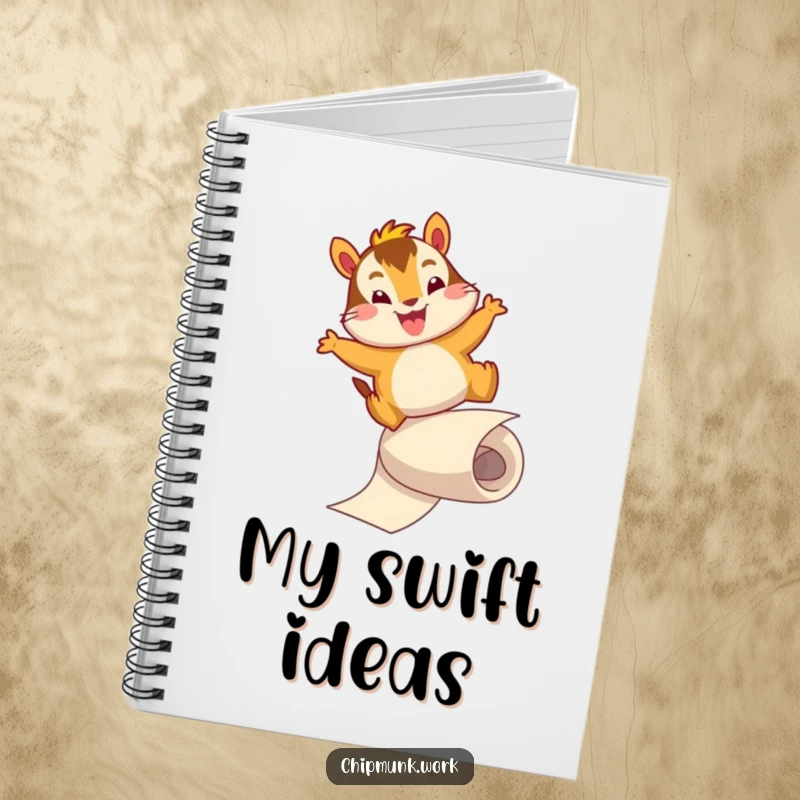 Funny notebook cover featuring an energetic chipmunk character sliding down a paper roll with a joyful leap. Ideal for jotting down fast ideas.