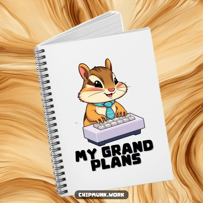 Funny chipmunk wearing a tie, typing on a miniature keyboard, on a notebook cover, inspiring focused writing.