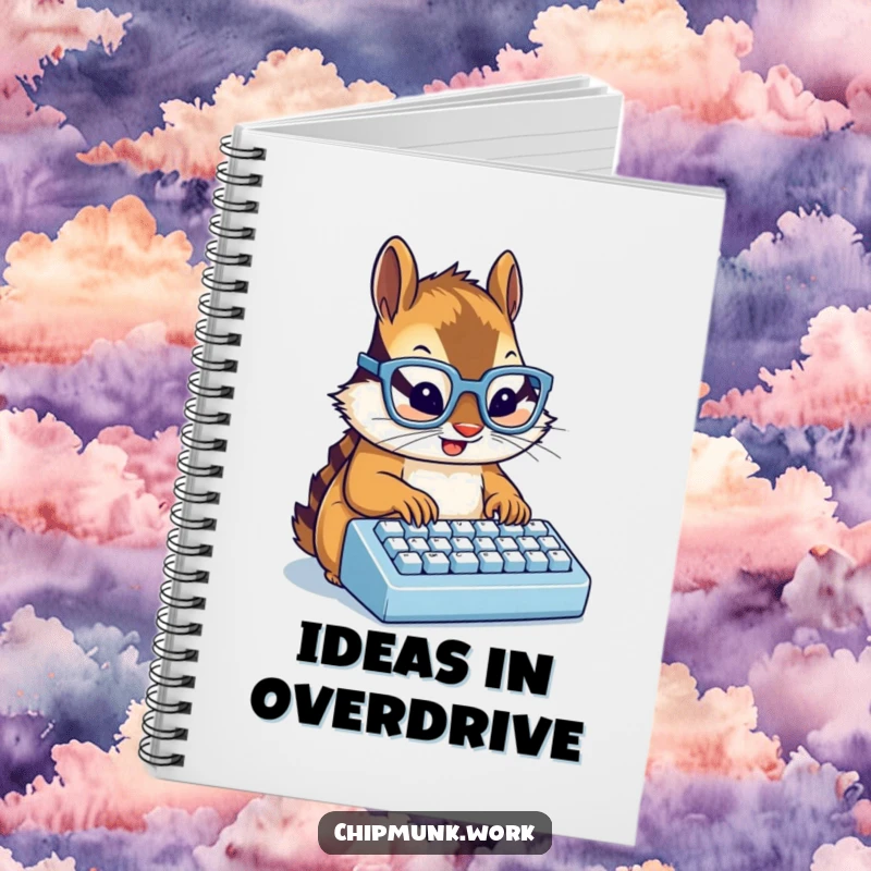 Funny chipmunk with glasses typing on a miniature keyboard, a humorous notebook for capturing ideas, a funny gift.