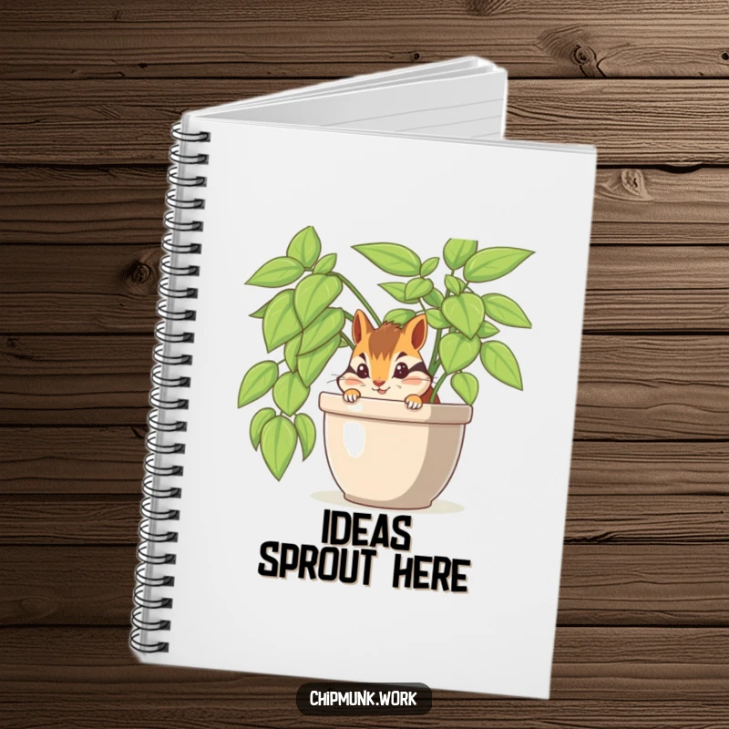 Funny chipmunk peeking from an office plant on a notebook cover, perfect for notes and sketches.