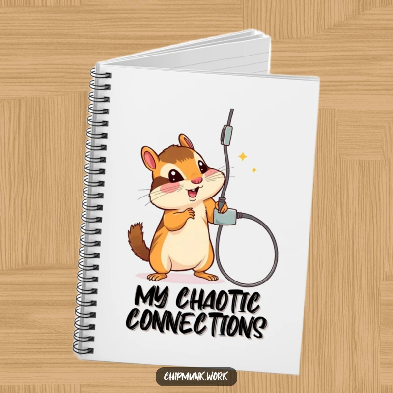 Funny notebook with a chipmunk playfully batting at a dangling electrical cord, ideal for capturing adventurous ideas.