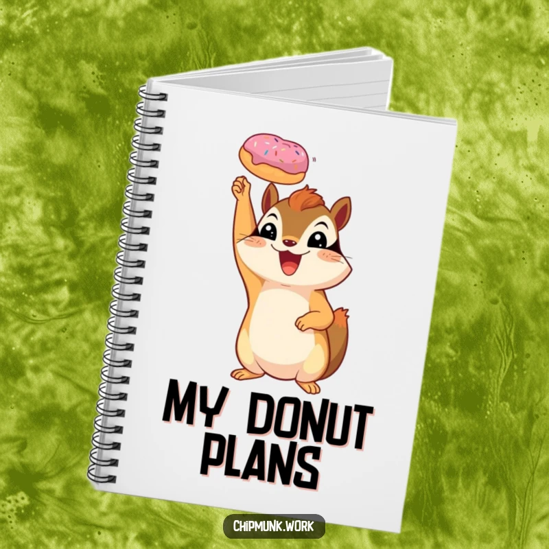 Funny chipmunk notebook depicting a happy squirrel holding a miniature donut triumphantly.