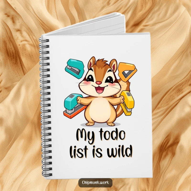 Funny chipmunk notebook, a grinning critter juggling colorful staplers, great for jotting notes.