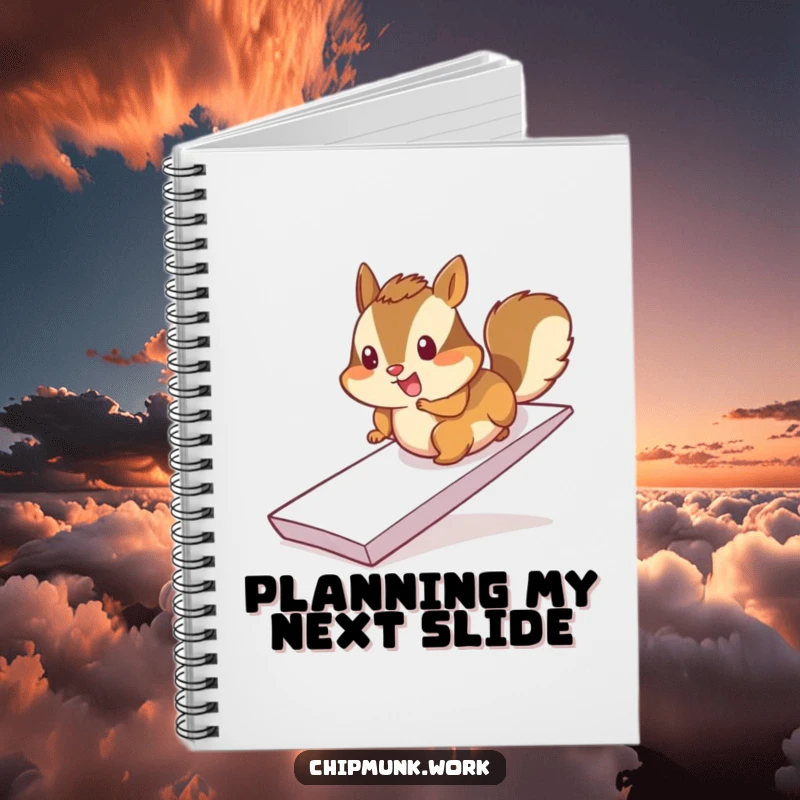Funny chimpanzee notebook, cheerfully sliding down a paper ramp, energetic and happy journal.