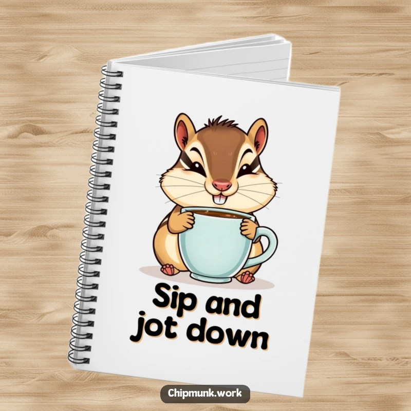Funny notebook with a chipmunk having a goofy smile while sipping from a tiny coffee cup, ideal for note-taking.