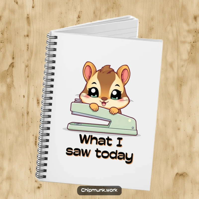 Funny kawaii chipmunk notebook featuring a curious squirrel with wide eyes peeking from behind a large stapler.