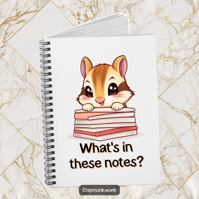 Funny chipmunk notebook, a curious critter peeking over a pile of papers, great for notes.