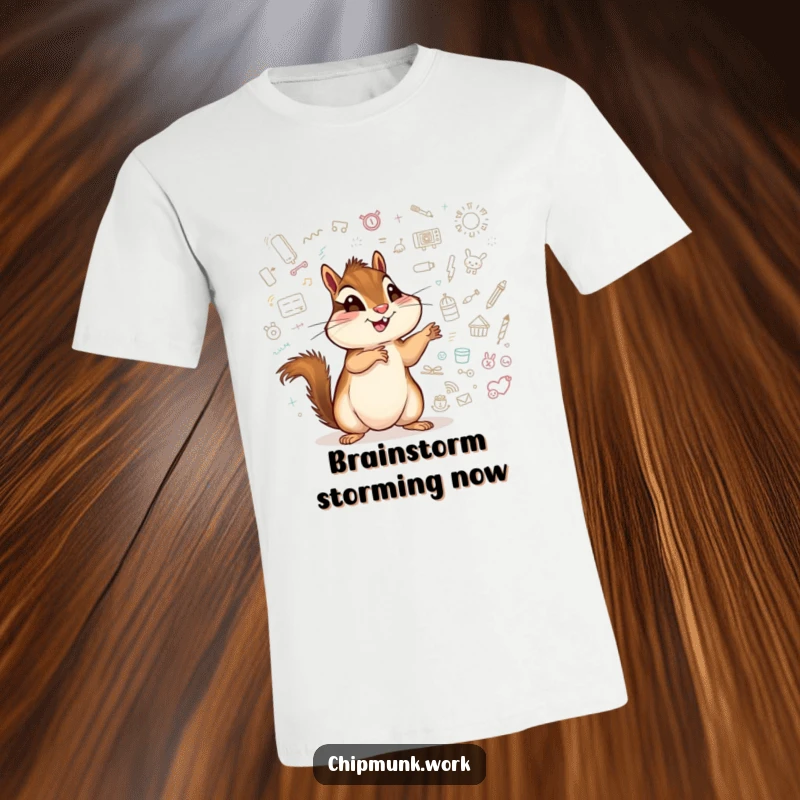 Funny chipmunk t-shirt, an excited critter pointing at a whiteboard covered in playful doodles.