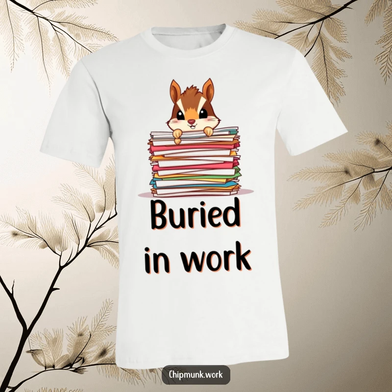 Funny Chipmunk Paper Mound T-Shirt: A tiny chipmunk humorously peeking from behind a large stack of colorful papers, appearing playful.