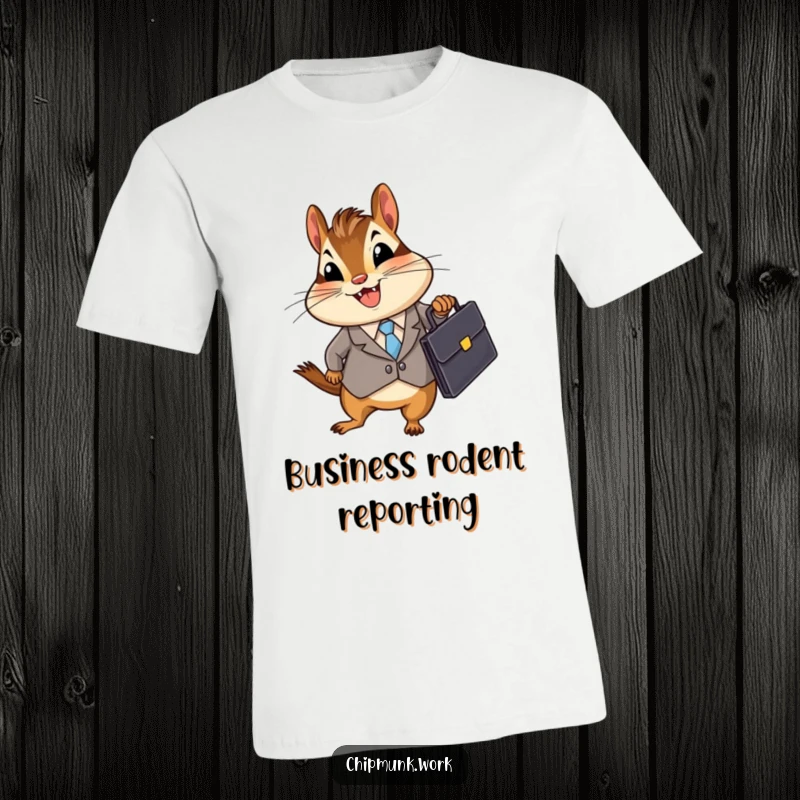 Funny Business Chipmunk T-Shirt featuring a chipmunk in a suit holding a briefcase, embodying hustle and humor, a fantastic funny gift.
