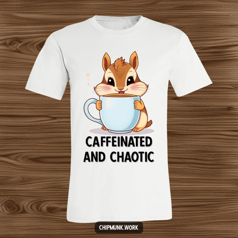 Funny chipmunk t-shirt, a happy critter wide-eyed while sipping coffee, perfect meme gift.