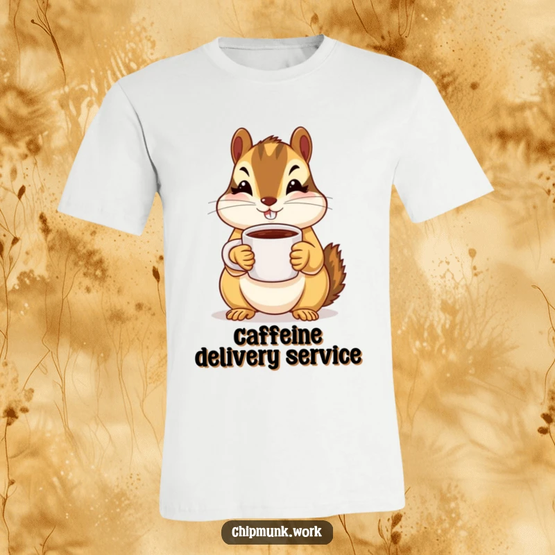 A cheerful chipmunk holding a miniature coffee mug with both paws, printed on a soft, funny t-shirt.