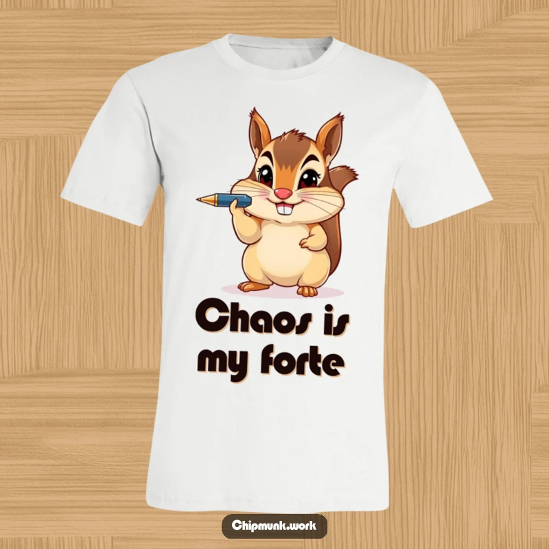 Funny chipmunk wearing a mischievous grin as it balances a pen on its nose, printed on a comfy t-shirt.