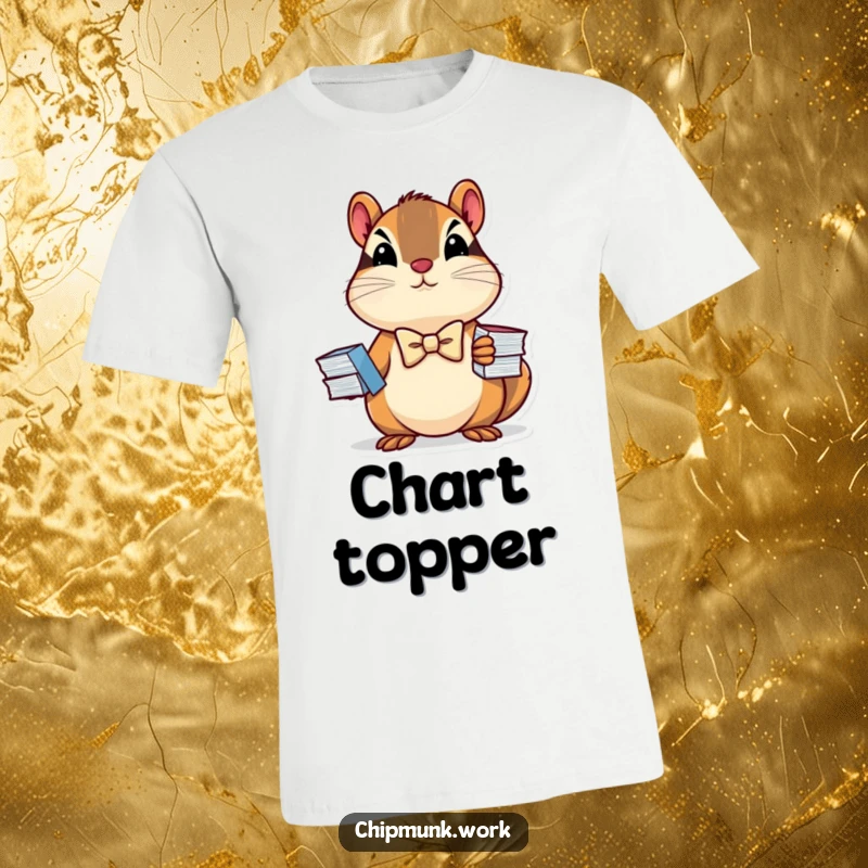 Funny t-shirt: a determined chipmunk in a mini bowtie proudly holds a stack of charts, symbolizing business savvy and humor.
