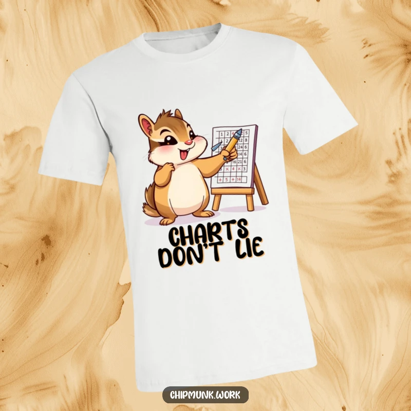 Funny t-shirt featuring an energetic chipmunk gesturing enthusiastically with a pen towards a presented chart. A humorous business-themed design.