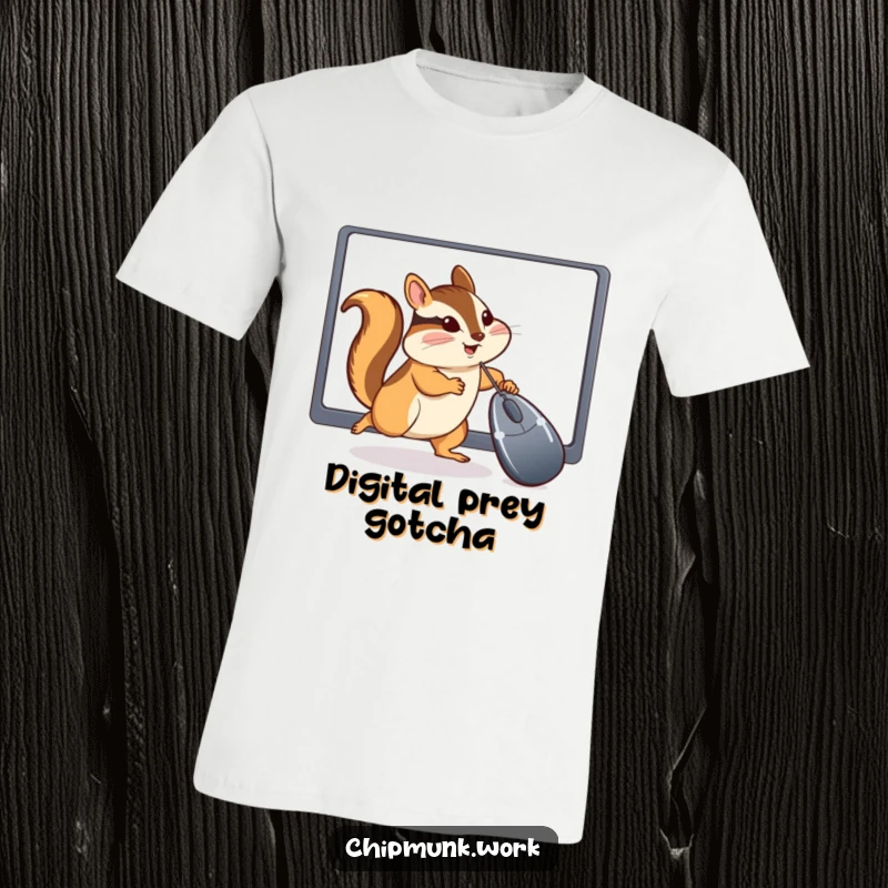 Funny Chipmunk T-Shirt: Energetic chipmunk mid-chase, pawing wildly at a computer mouse cursor, showcasing playful tech obsession and humor.