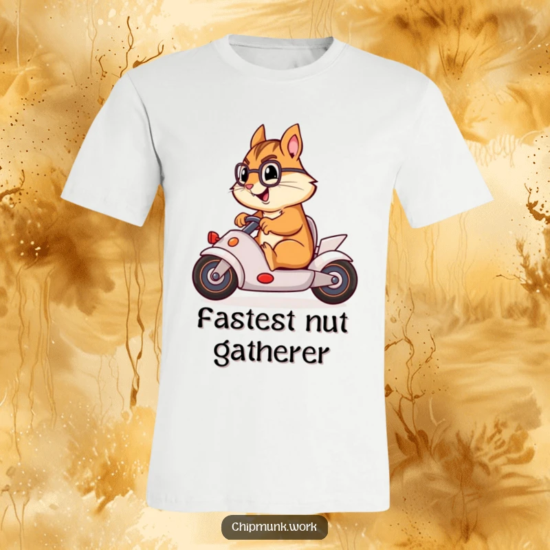 Funny chipmunk gleefully riding an office swivel chair as a race car, designed on a stylish tee.