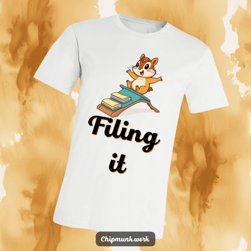 Funny chipmunk sliding down a ramp made of file folders with pure joy, featured on a t-shirt for humorous office attire.