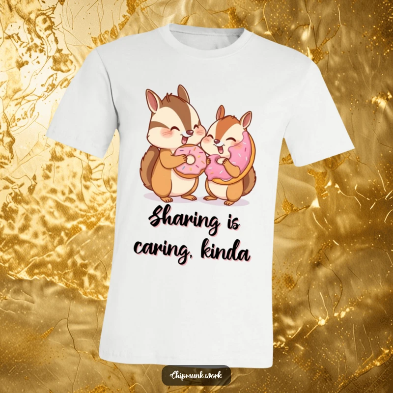 Funny chipmunk winking and sharing a donut with an invisible friend on a t-shirt, conveying secret fun and playful generosity, a humorous gift.
