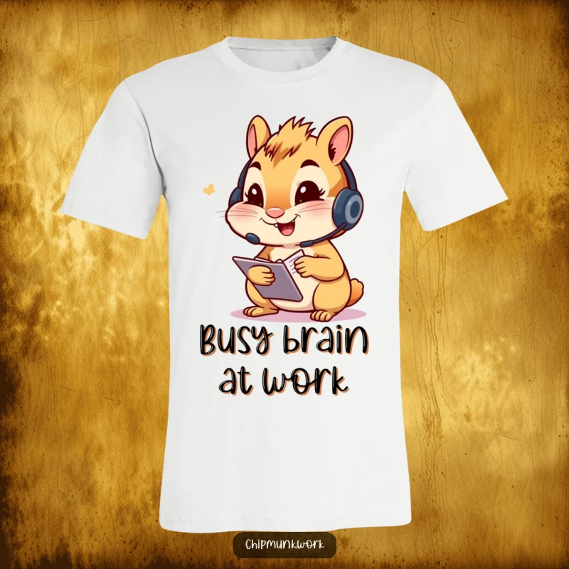Funny chipmunk t-shirt, character wearing a headset, diligently taking notes with excitement and focus, a true multitasker.