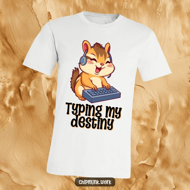 Funny chipmunk with a headset, intensely typing on a miniature keyboard, captured on a t-shirt for gamers and tech lovers.