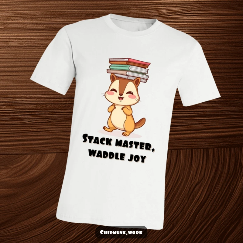 Funny chipmunk waddling with a stack of papers on its head, depicted on a humorous t-shirt, representing life's challenges.