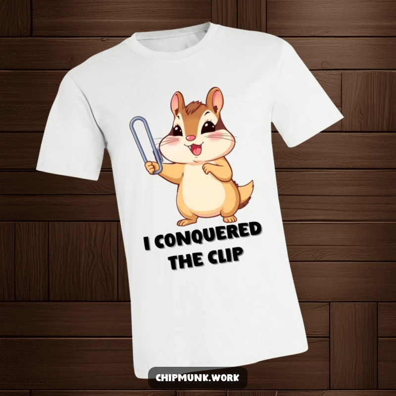 Funny chipmunk triumphantly holding a tiny, oversized paperclip graphic t-shirt, a humorous gift.