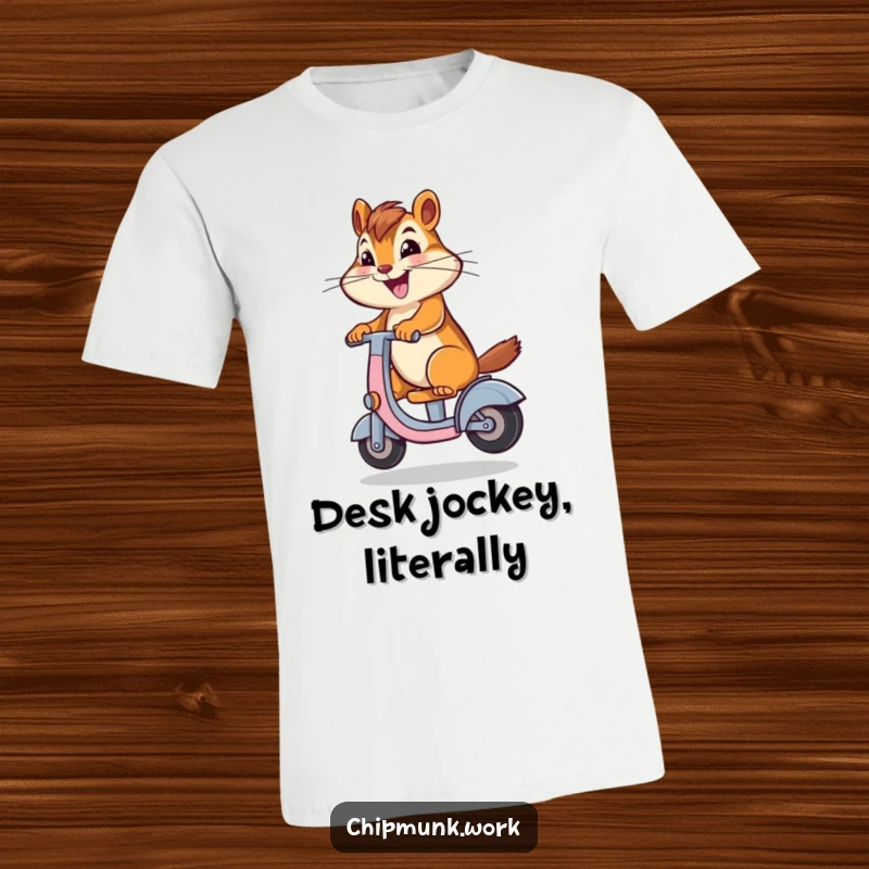 Funny chipmunk on a desk chair scooter, conveying energetic fun and office escapades, ideal for a humorous t-shirt gift.