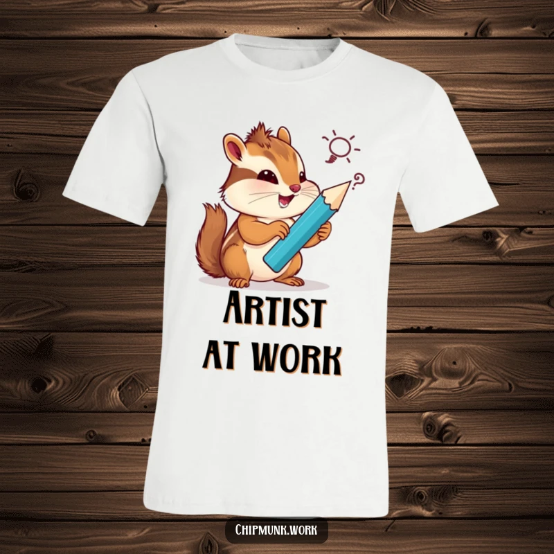 Funny chipmunk t-shirt, artistically sketching a funny idea with a massive pencil, looking inspired and slightly mischievous.