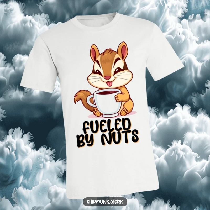 Funny chipmunk t-shirt featuring a cheerful chipmunk with a goofy smile, sipping from a tiny coffee cup with pure delight.