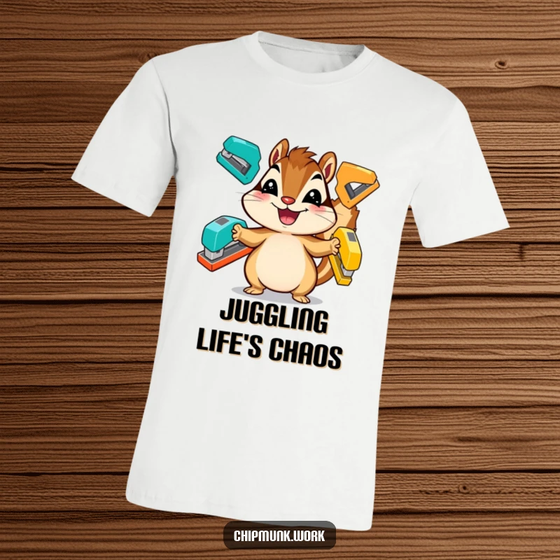 Funny chipmunk t-shirt, a grinning critter impressively juggling colorful staplers, office humor.