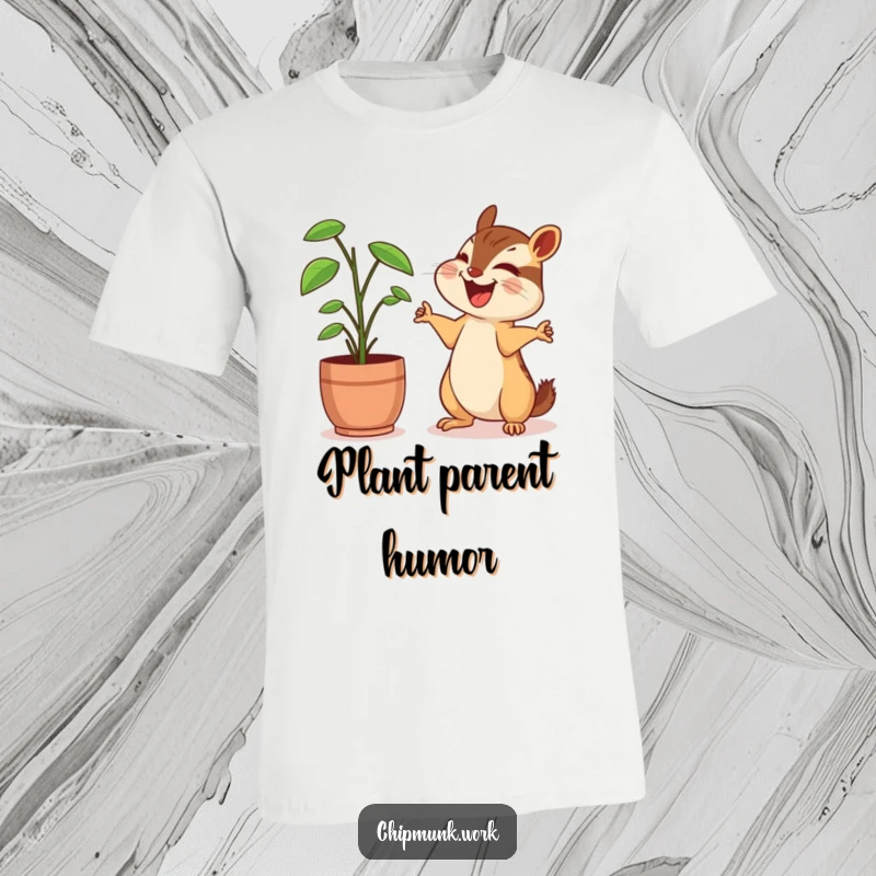 Funny chipmunk t-shirt, joyfully laughing with a desk plant, arms outstretched in amusement, a display of unusual office camaraderie.