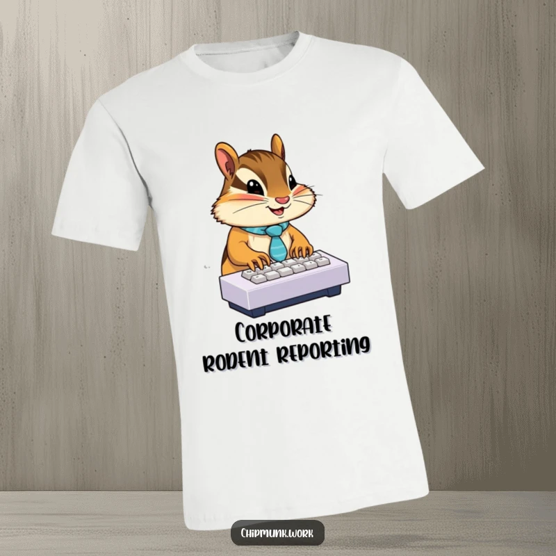 Funny chipmunk sporting a small tie, diligently typing on a tiny keyboard, depicted on a humorous t-shirt.