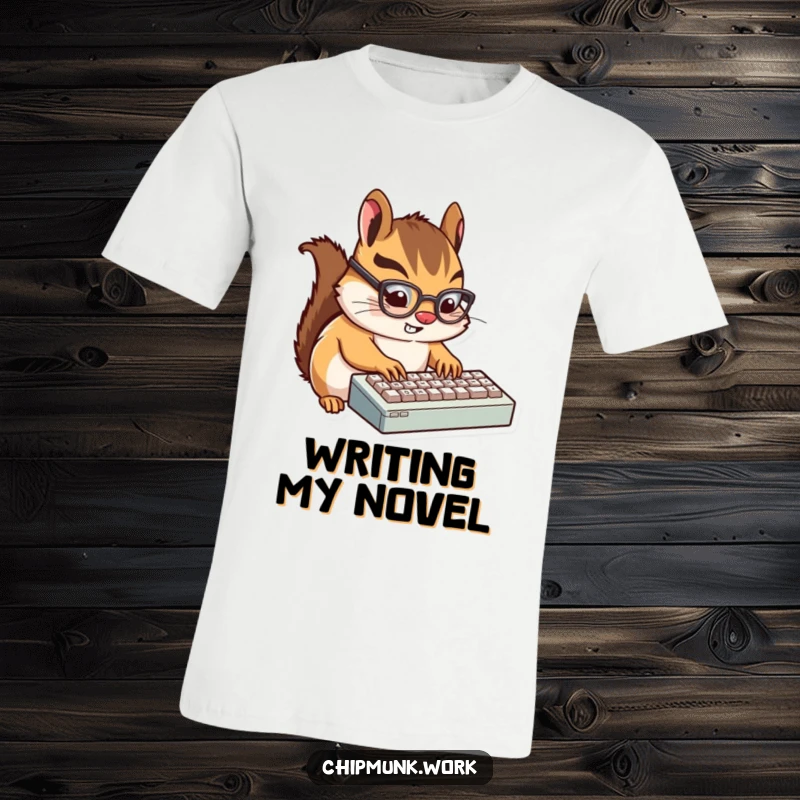 Funny Chipmunk Typist T-Shirt: A tiny chipmunk wearing glasses, humorously typing very fast on a miniature keyboard, looking productive.