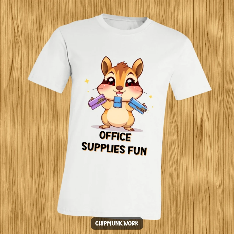 Funny chipmunk t-shirt depicting an excited chipmunk juggling three staplers with wide, wide eyes, embodying office humor.