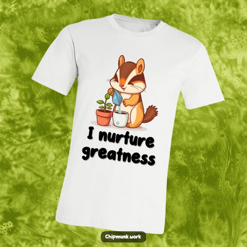 Funny chipmunk t-shirt, happily watering a small potted desk plant, showcasing a love for gardening and humor.