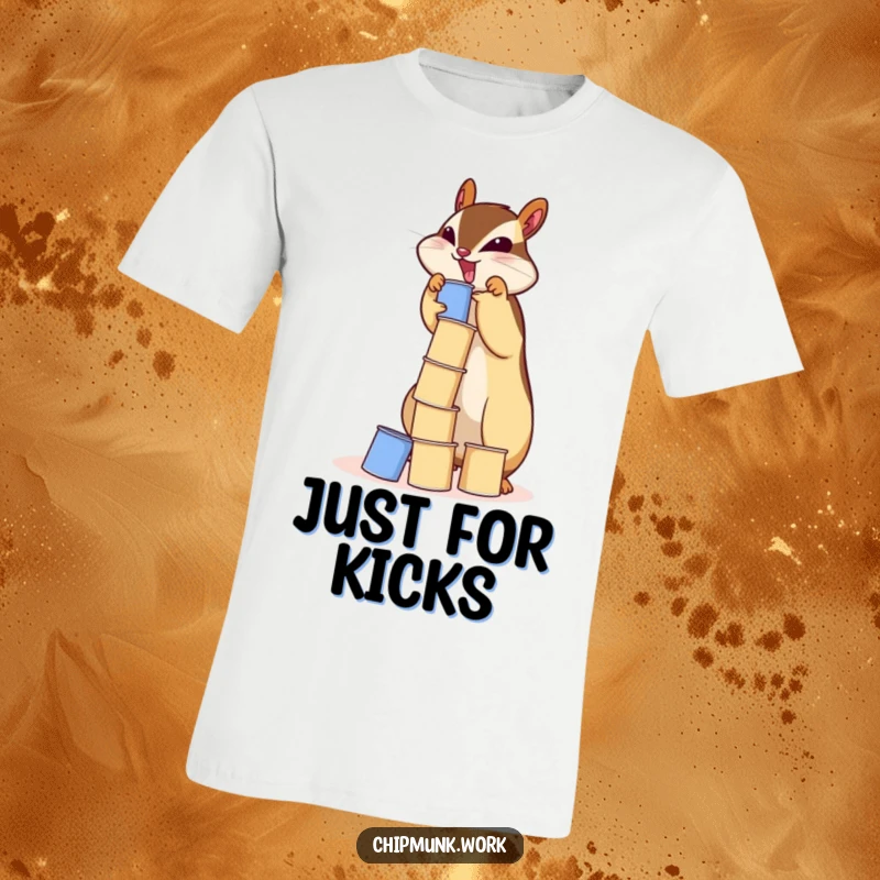 Funny chipmunk t-shirt depicting a determined squirrel stacking small paper cups into a hilariously wobbly tower.