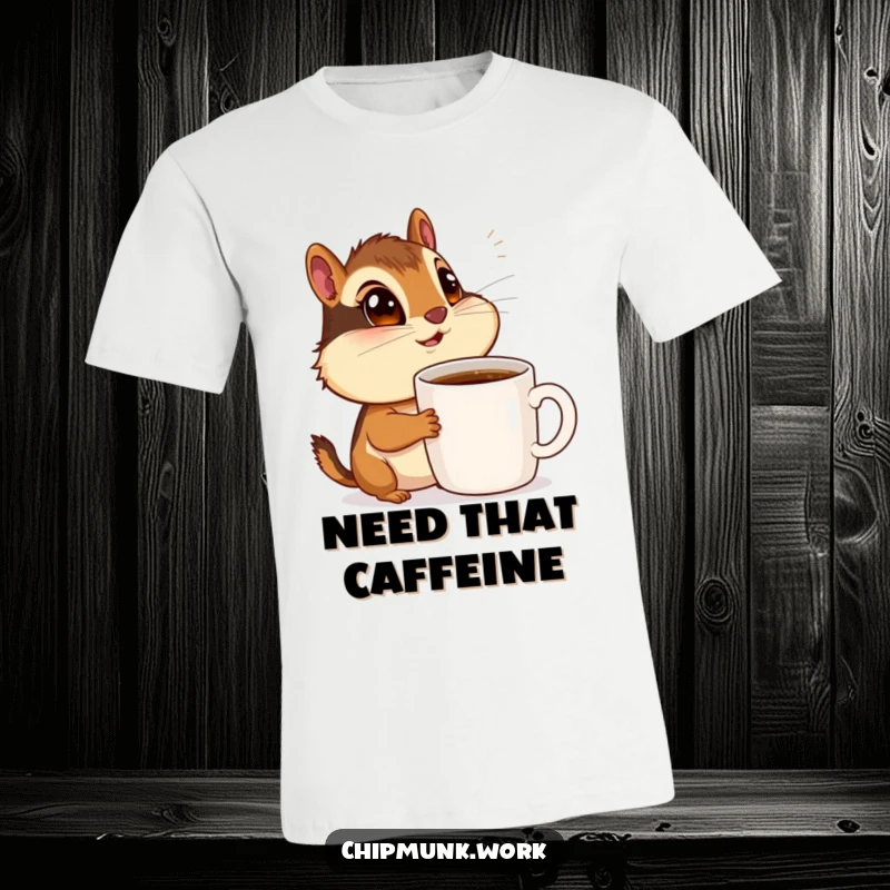 Funny chipmunk with huge eyes admiring a coffee mug, conveying caffeine desire, great funny t-shirt.