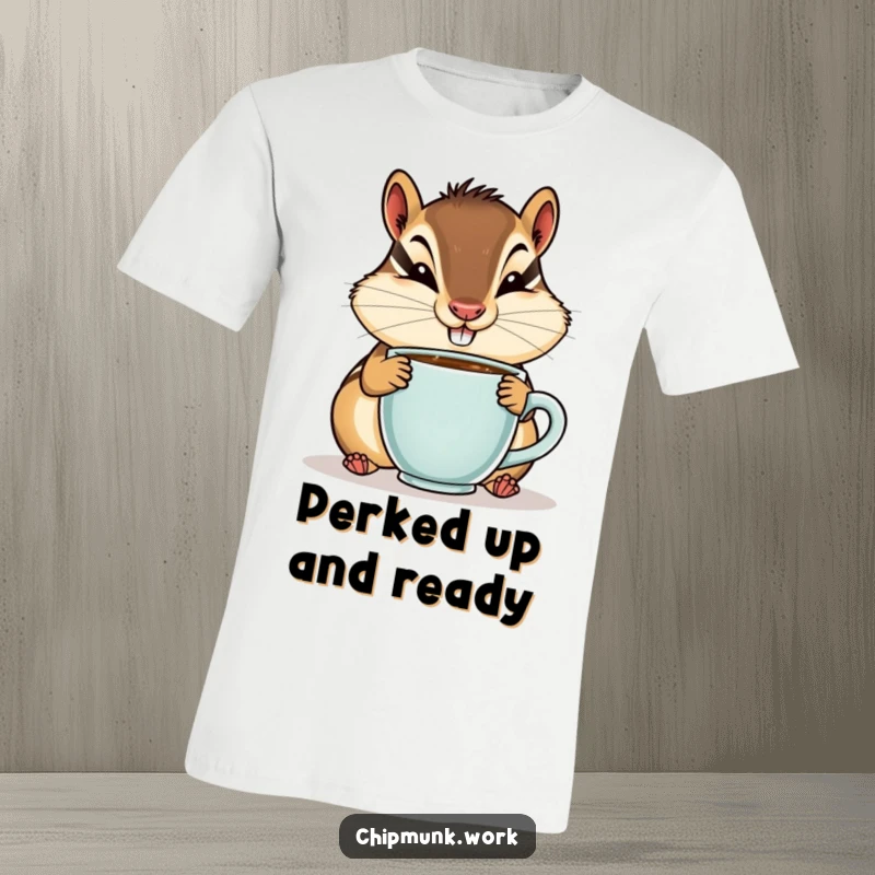 Funny t-shirt depicting a chipmunk with a goofy smile happily sipping from a tiny coffee cup, a coffee enthusiast design.