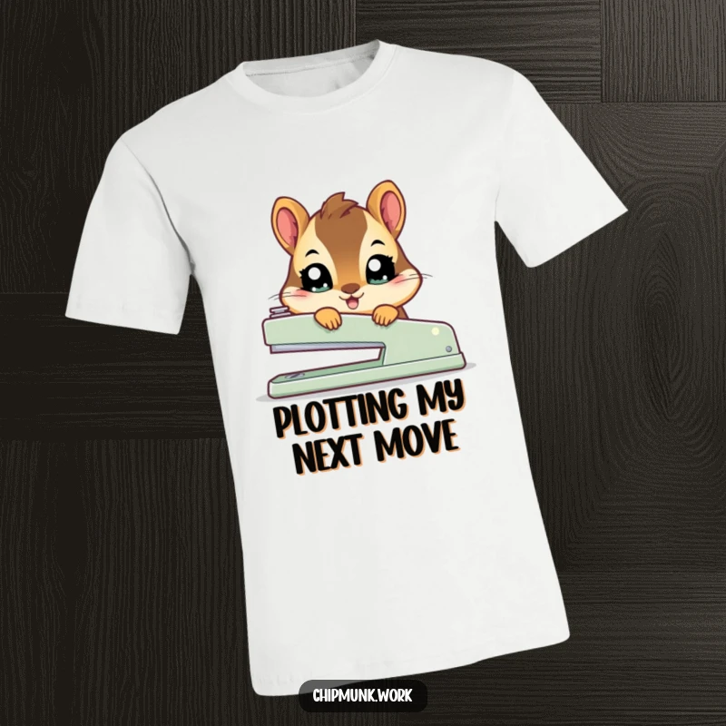 Funny kawaii chipmunk t-shirt showing a small, cute squirrel with big eyes emerging from behind a large stapler.