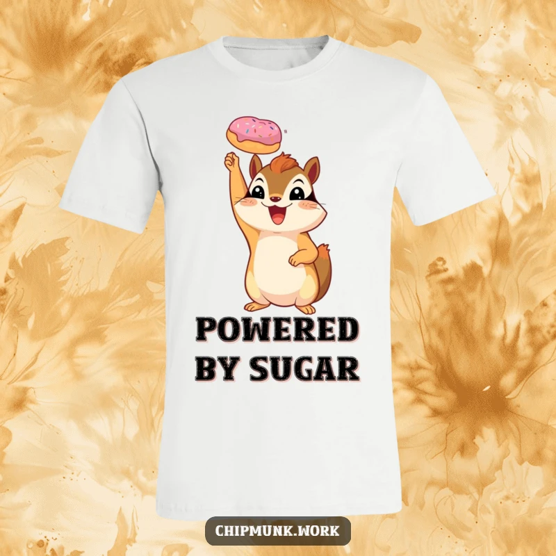 Funny chipmunk t-shirt depicting a happy squirrel holding a miniature donut triumphantly above its head.