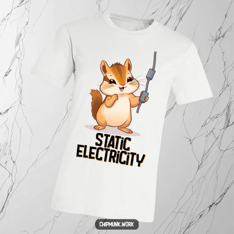 Funny chipmunk t-shirt illustrating a chipmunk playfully batting at a dangling electrical cord, a humorous depiction of curiosity.
