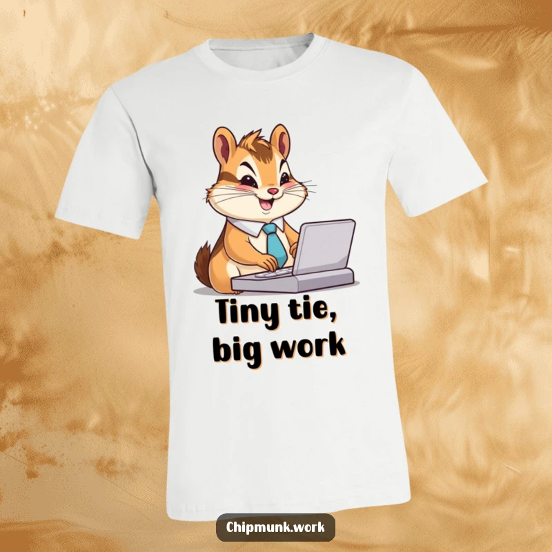 Funny Chipmunk T-Shirt: Cute chipmunk wearing a tiny tie, typing furiously with a happy expression, office humor, a funny gift.
