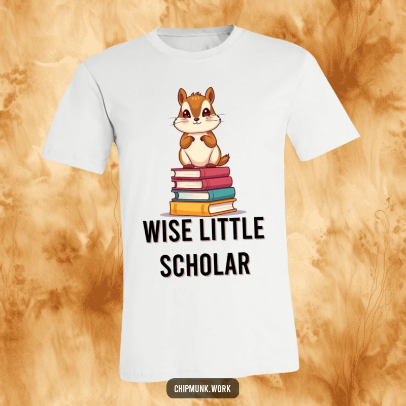 Funny Scholar Chipmunk T-Shirt: Adorable chipmunk standing triumphantly on a stack of tiny books, representing wisdom and a love for reading.