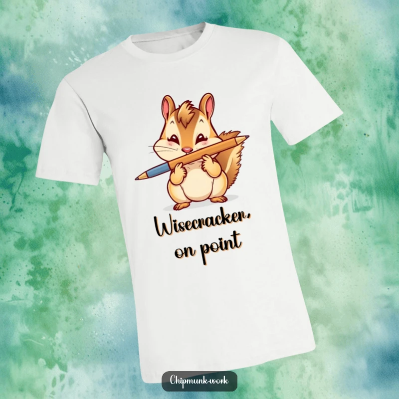 Funny T-Shirt: A chipmunk with a pen balanced on its nose, giving a cheeky wink, highlighting playful wit.