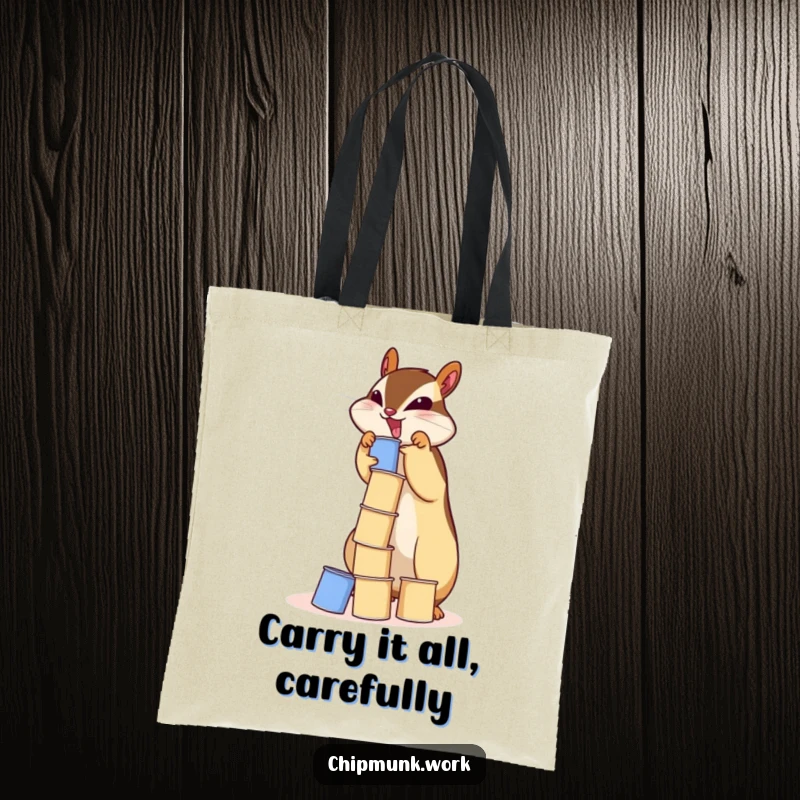 Funny chipmunk tote bag illustrating a determined squirrel stacking a comical, unsteady tower of miniature paper cups.