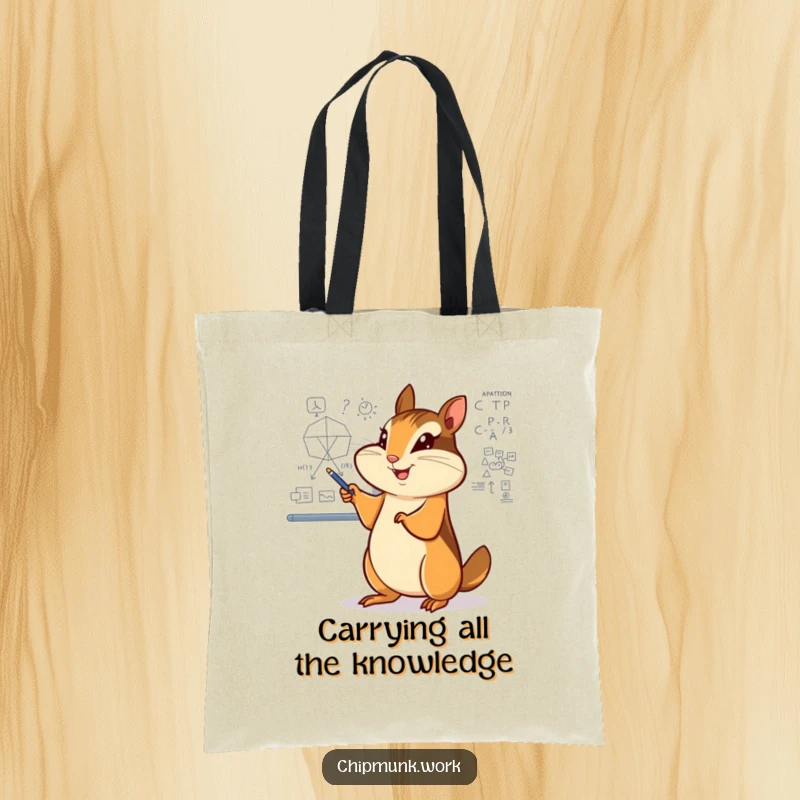 Funny chipmunk tote bag, enthusiastically pointing at a complex diagram on a whiteboard, showcasing intelligence.